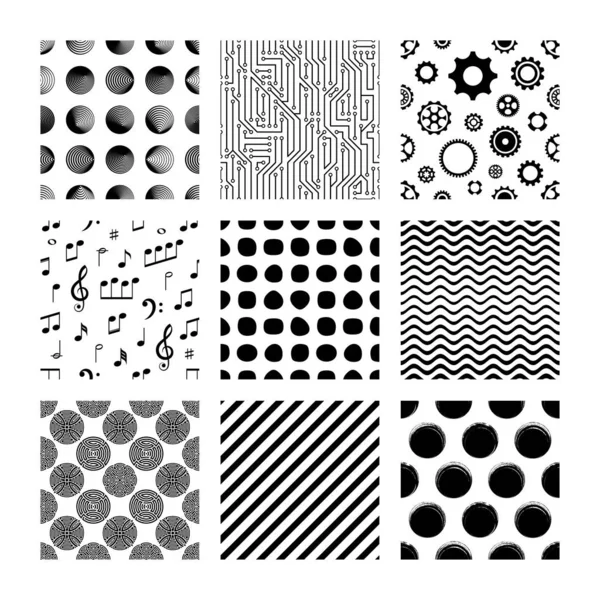 Black vector seamless pattern collection on white — Stock Vector