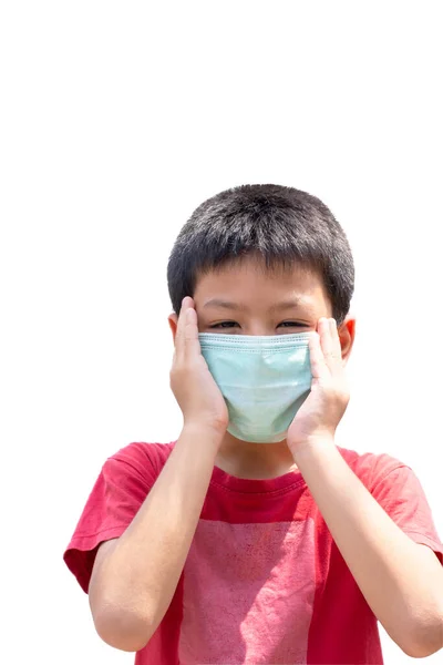 Isolerad Handen Håller Masken Asiatisk Pojke Ansikte Vit Bakgrund Med — Stockfoto