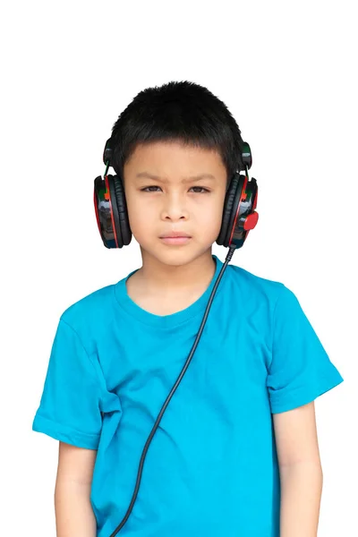 Odizolowany Portret Azjatyckiego Chłopca Noszącego Słuchawki Białym Tle Ścieżką Wycinania — Zdjęcie stockowe