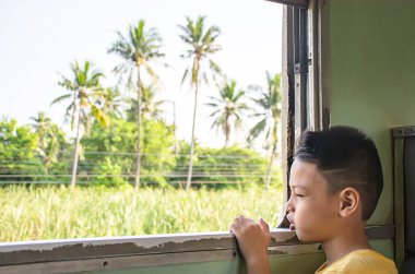 Trendeki Asyalı çocuğun portresi. Pencere ve ağaçlar..