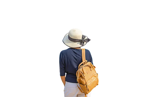 女性ショルダーバックパックと白い背景に帽子を着用 ストック写真