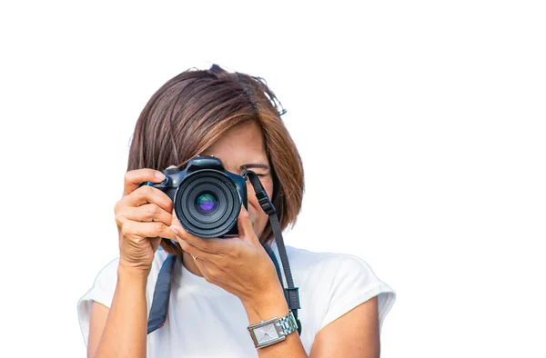 Geïsoleerde Handvrouw Die Camera Vasthoudt Foto Maken Een Witte Achtergrond — Stockfoto