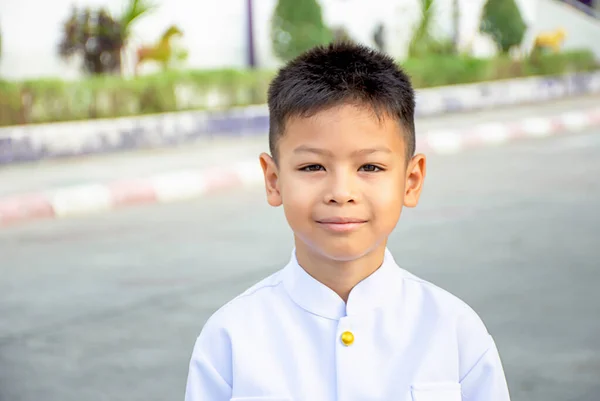 Portrait Asian Boy Wearing White Shirt Road — Stock Photo, Image