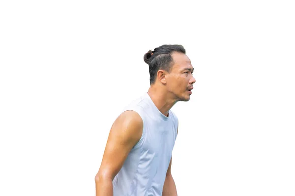 Isolato Ritratto Asiatico Uomo Esercizio Sudore Camicia Bagnato Bianco Sfondo — Foto Stock