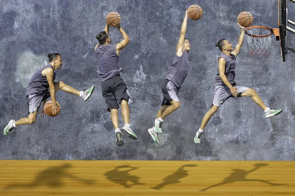 Baloncesto Mano Hombre Saltando Lanza Aro Baloncesto Suelo Madera Fondo —  Fotos de Stock