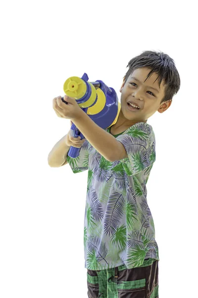 Asiatischer Junge Mit Wasserpistole Spielt Songkran Festival Thailand Auf Weißem — Stockfoto