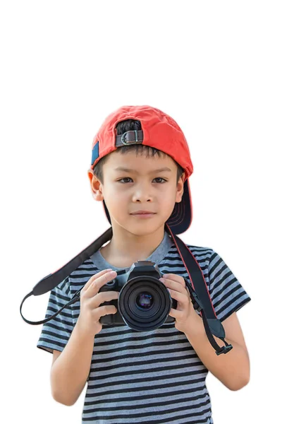 Isolated Hand Boy Holding Camera Taking Pictures White Background Clipping — Stock Photo, Image