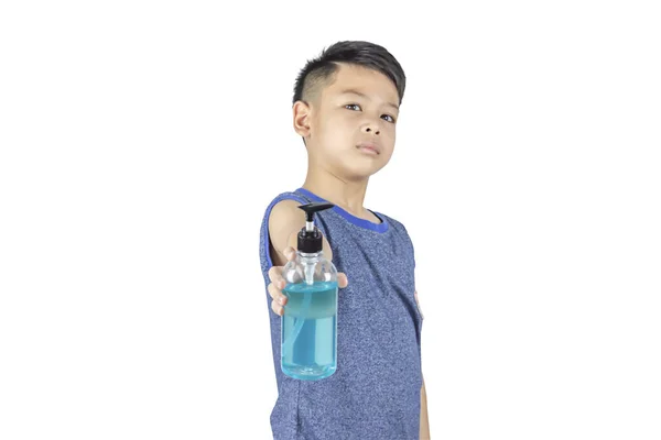 Isolated Alcohol Gel Bottles Hands Asian Boy White Background Clipping — Stock Photo, Image