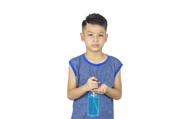 Isolated Alcohol Gel Bottles Hands Asian Boy White Background Clipping — Stock Photo, Image