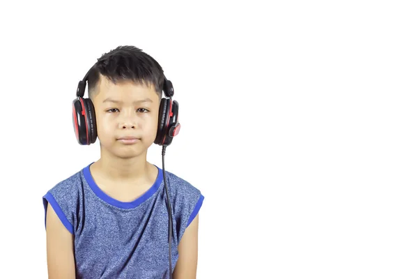 Isolated Portrait Asian Boy Wearing Headphones White Background Clipping Path — Stock Photo, Image