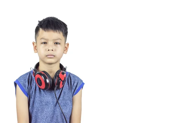 Isolated Portrait Asian Boy Wearing Headphones White Background Clipping Path — Stock Photo, Image