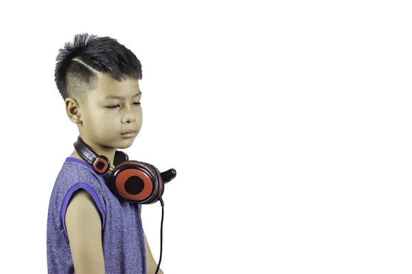 Isolated Portrait Asian Boy Wearing Headphones White Background Clipping Path — Stock Photo, Image