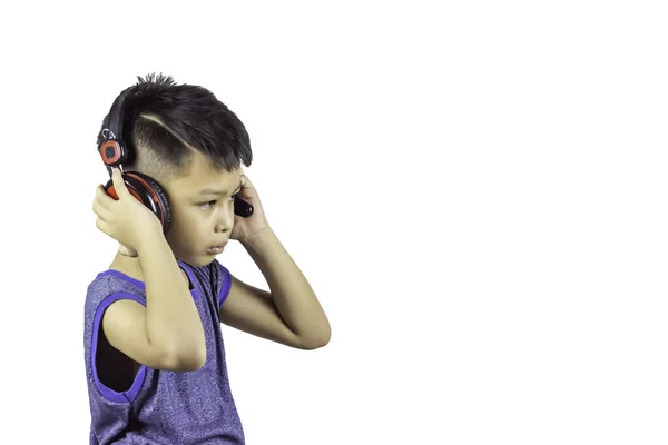 Izolacja Ręka Azjatycki Chłopiec Trzyma Słuchawki Białym Tle Klipu Ścieżki — Zdjęcie stockowe