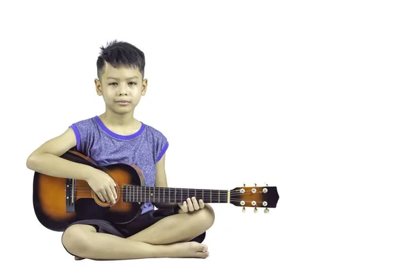 Hands Asian Boy Holding Guitar Sitting White Background Clipping Path — Stock Photo, Image