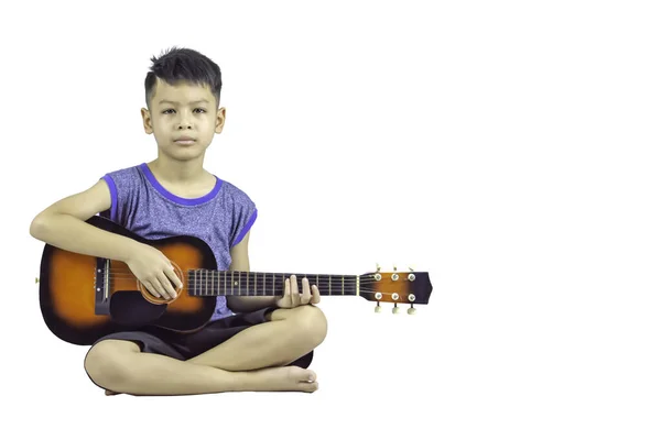 Hands Asian Boy Holding Guitar Sitting White Background Clipping Path — Stock Photo, Image