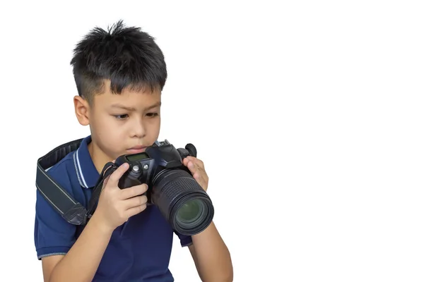 Isolated Hand Asian Boy Holding Camera Looking Picture White Background — Stock Photo, Image