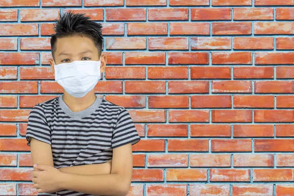 Portrait Asian Boy Wearing Mask Background Brick Wall — Stok Foto