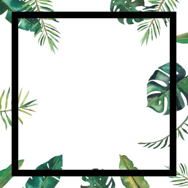 Tropik yeşil yapraklı el yapımı suluboya çerçeve