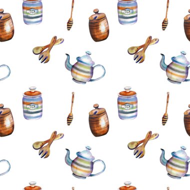 Mutfak elementleriyle el yapımı suluboya deseni. Tişört, dekor, tebrik kartı, poster için şablon.