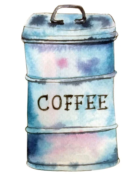 Mooie aquarel handgetekende illustratie. Metaalcun van koffie geïsoleerd op witte ondergrond. — Stockfoto