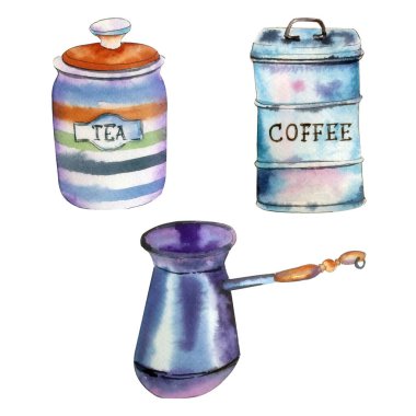 Beyaz arka planda izole edilmiş el yapımı suluboya elementler. Mutfak için tabaklar ve diğer öğeler.