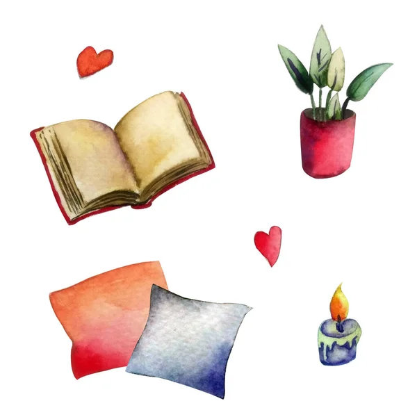 Handdrawn watercolo illustration solated on white background. Set of elements abut staying at home: book, pillows, plant, hearts. — Stock Photo, Image