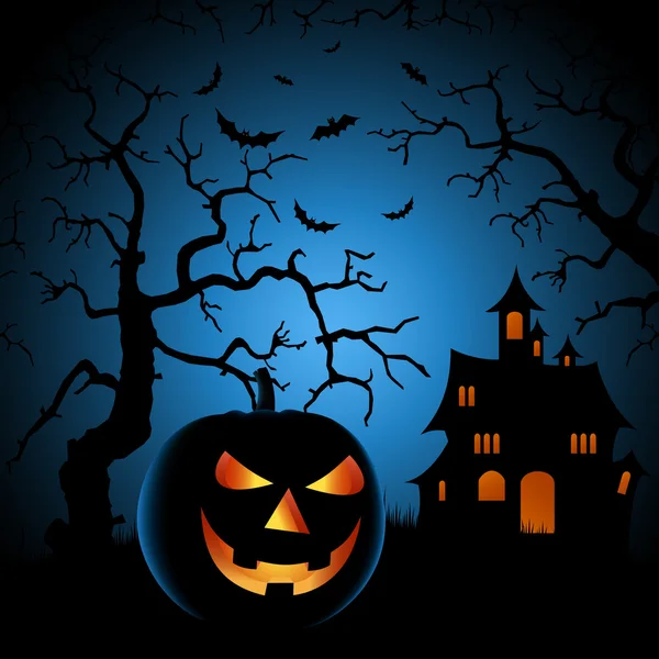 Halloween poster notturno con castello infestato e zucca sorridente — Vettoriale Stock