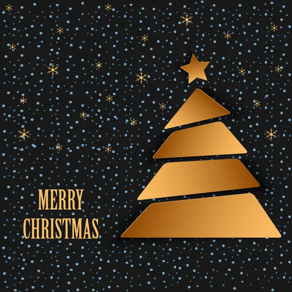 Cartão de Natal com árvore de ouro e neve caindo — Vetor de Stock