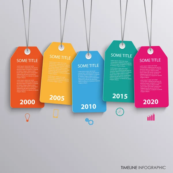 Time line info graphic with colorful hanging tags template — ストックベクタ