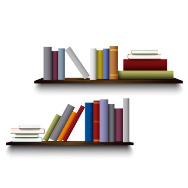 Farklı kitaplar beyaz duvar üzerinde iki raflar