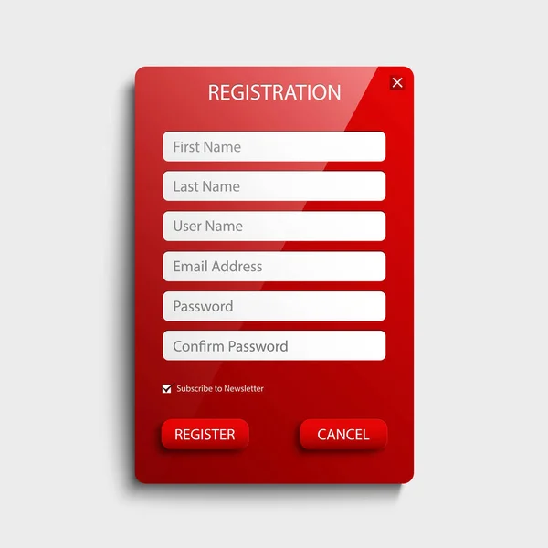 Registrar pantalla web con plantilla de botón rojo — Vector de stock