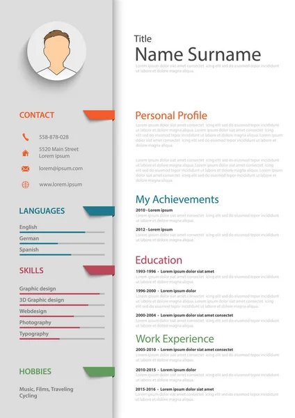 Professional resume cv met gekleurde bladwijzers sjabloon — Stockvector