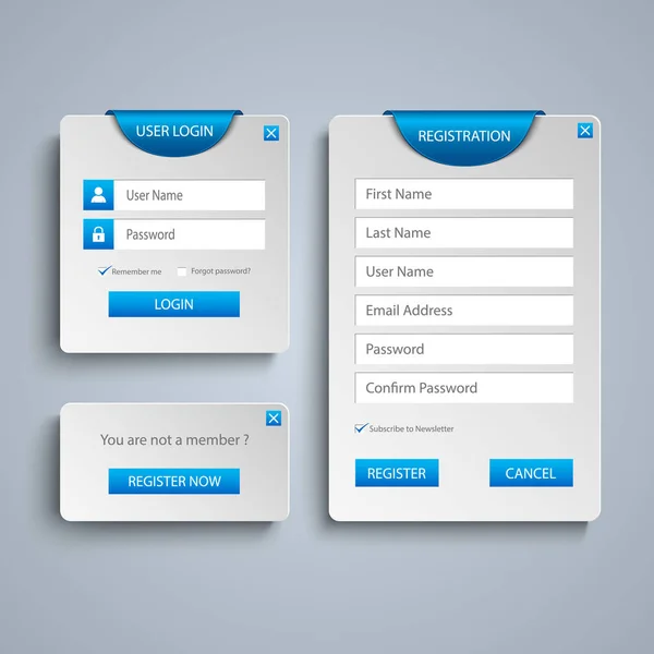 Sammlung Login und Registrierung Web-Bildschirm mit blauer Lesezeichen-Vorlage — Stockvektor