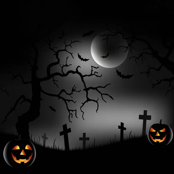 Notte di Halloween con foresta spaventosa e zucche sorridenti — Vettoriale Stock