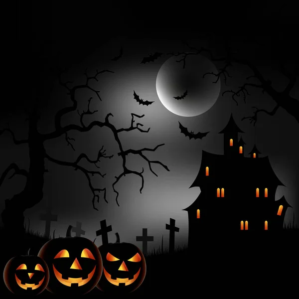 Fondo de noche de Halloween con castillo y calabazas sonrientes — Vector de stock