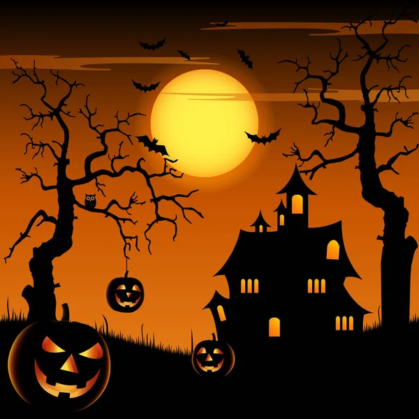 Notte di Halloween con zucche sorridenti e castello spaventoso sullo sfondo — Vettoriale Stock