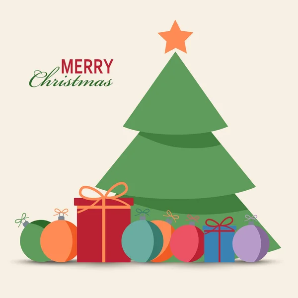 Cartão de Natal com presentes de árvore e esferas no fundo — Vetor de Stock