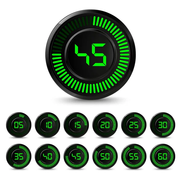 Digital black green timer with five minutes interval — Stock Vector