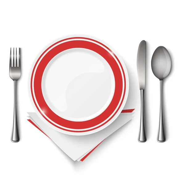 Red white plate with spoon knife and fork template — Stock Vector