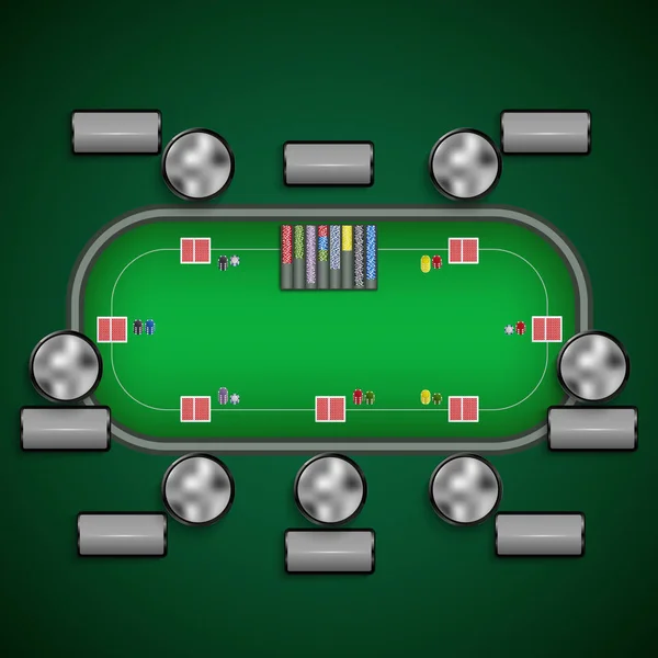 Mesa de poker com cadeiras e cartões fichas jogador rótulos modelo —  Vetores de Stock