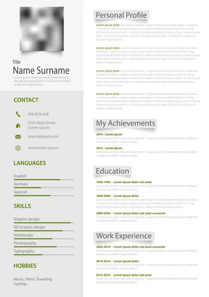 Professionele persoonlijke CV cv met grijze labels en groen ontwerp — Stockvector