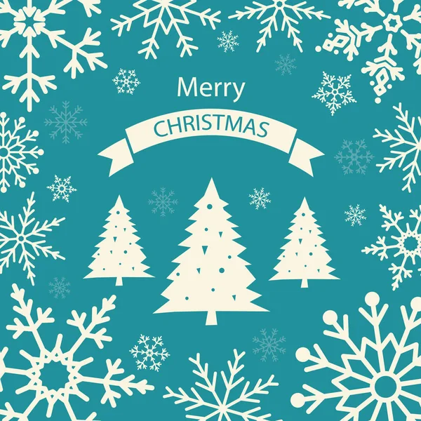 Cartão de Natal com flocos de neve e árvores em design azul — Vetor de Stock