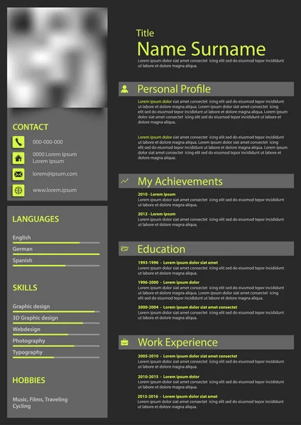 Professionele CV cv met strips in donker design — Stockvector