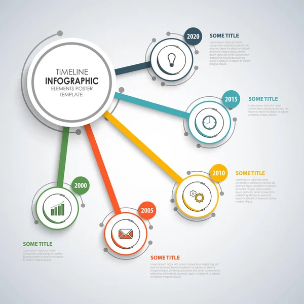 Gráfico de información de línea de tiempo con punteros redondos en diseño colorido — Archivo Imágenes Vectoriales