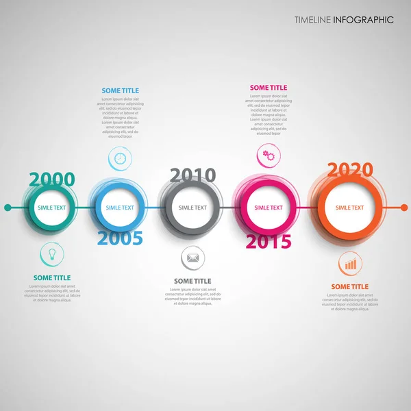 Tidslinje info grafik med design runda färgade pekare — Stock vektor