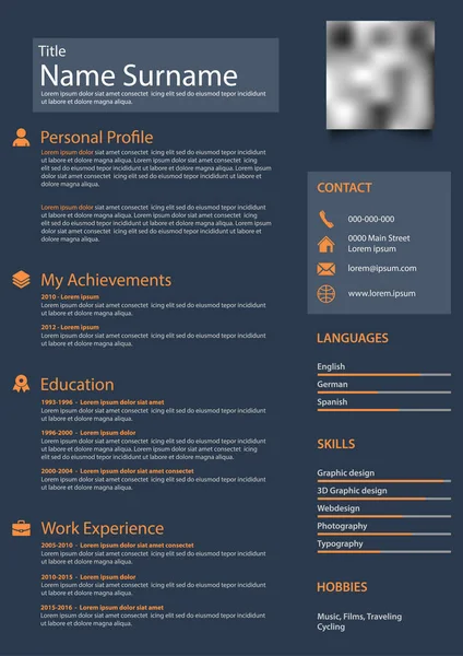 Professional personal resume cv in blue orange design template — 스톡 벡터