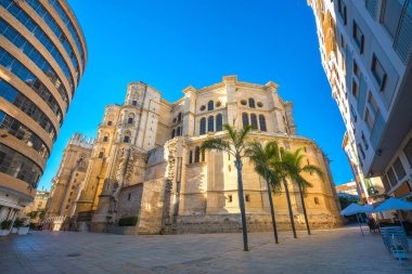 Malaga Katedrali, gün batımı ile Cityscape