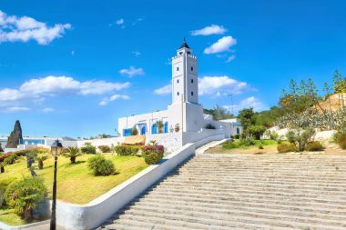 Bir bakış beyaz cami köy Sidi Bou Said. Tunus, Kuzey Afrika