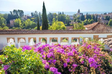 Alhambra Sarayı bahçelerine görünümünü. Granada, Endülüs, İspanya     