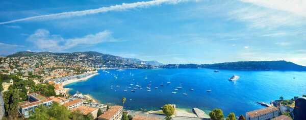 Panoramic view of bay Cote d'Azur and luxury resort town Villefranche sur Mer. French riviera, France